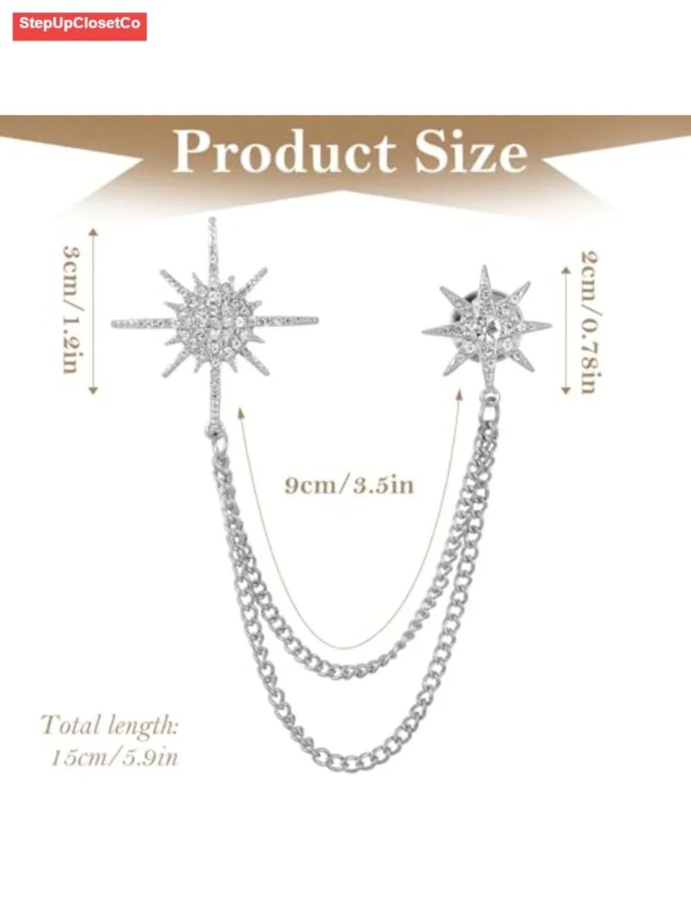 Crystal Star Brooch Pin for Women, Alloy Snap-Clasp Lapel Pin, Tassel Chain
